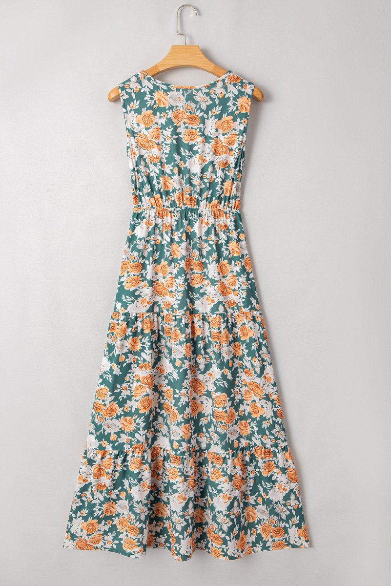 Green Floral Print Trimmed V Neck Tie Waist Sleeveless Dress - Love Salve 