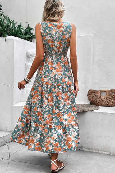 Green Floral Print Trimmed V Neck Tie Waist Sleeveless Dress - Love Salve 
