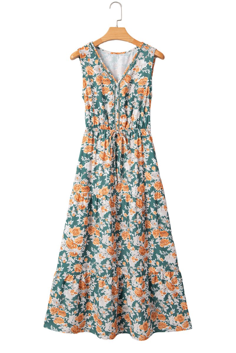 Green Floral Print Trimmed V Neck Tie Waist Sleeveless Dress - Love Salve 