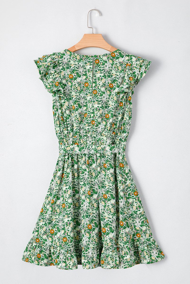 Green Flower Print Flutter Sleeve V Neck Mini Dress - Love Salve 