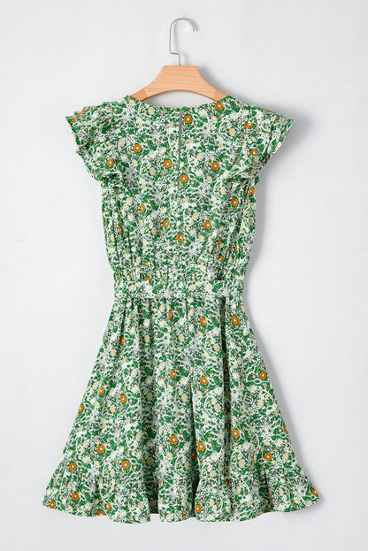 Green Flower Print Flutter Sleeve V Neck Mini Dress - Love Salve 