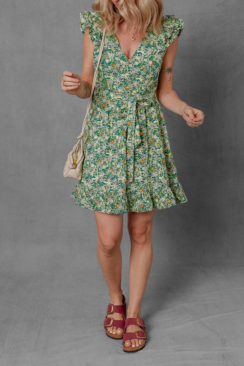 Green Flower Print Flutter Sleeve V Neck Mini Dress - Love Salve 