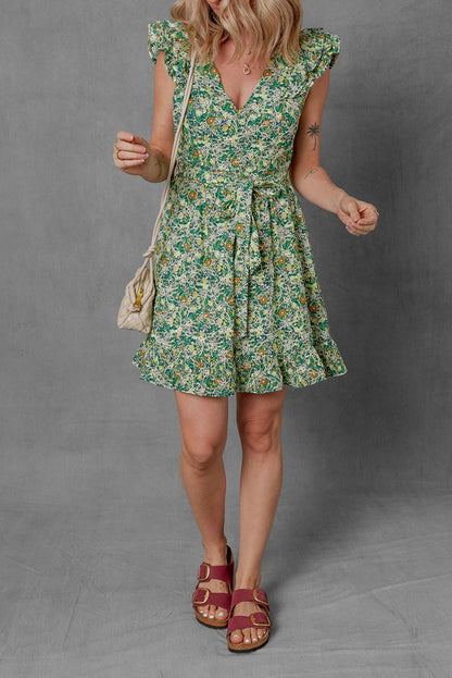 Green Flower Print Flutter Sleeve V Neck Mini Dress - Love Salve 