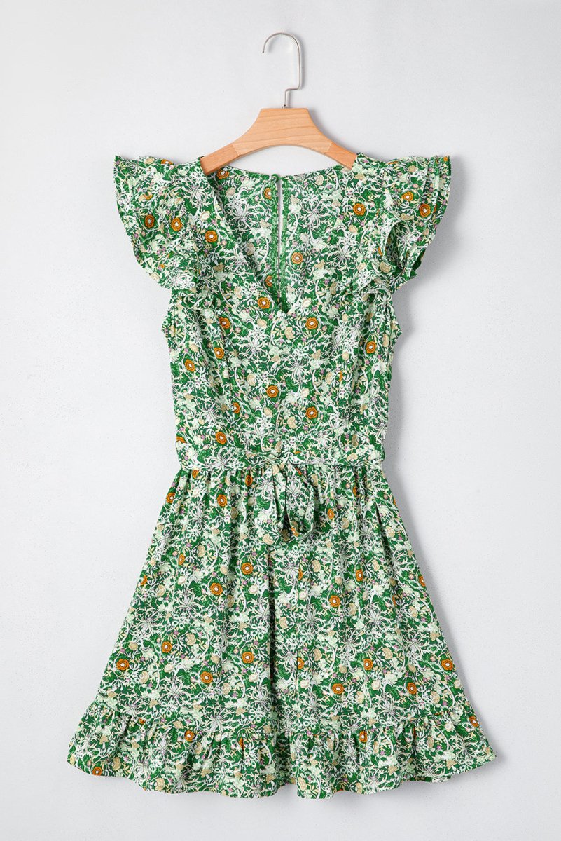 Green Flower Print Flutter Sleeve V Neck Mini Dress - Love Salve 