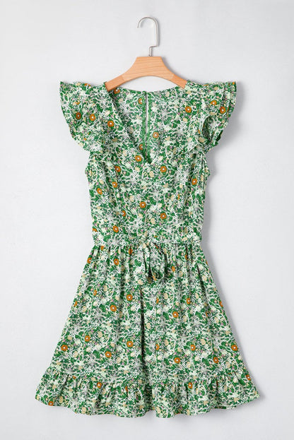Green Flower Print Flutter Sleeve V Neck Mini Dress - Love Salve 