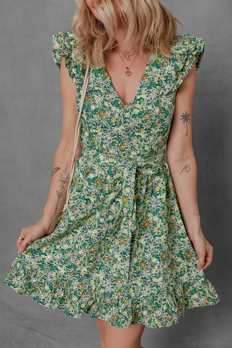 Green Flower Print Flutter Sleeve V Neck Mini Dress - Love Salve 