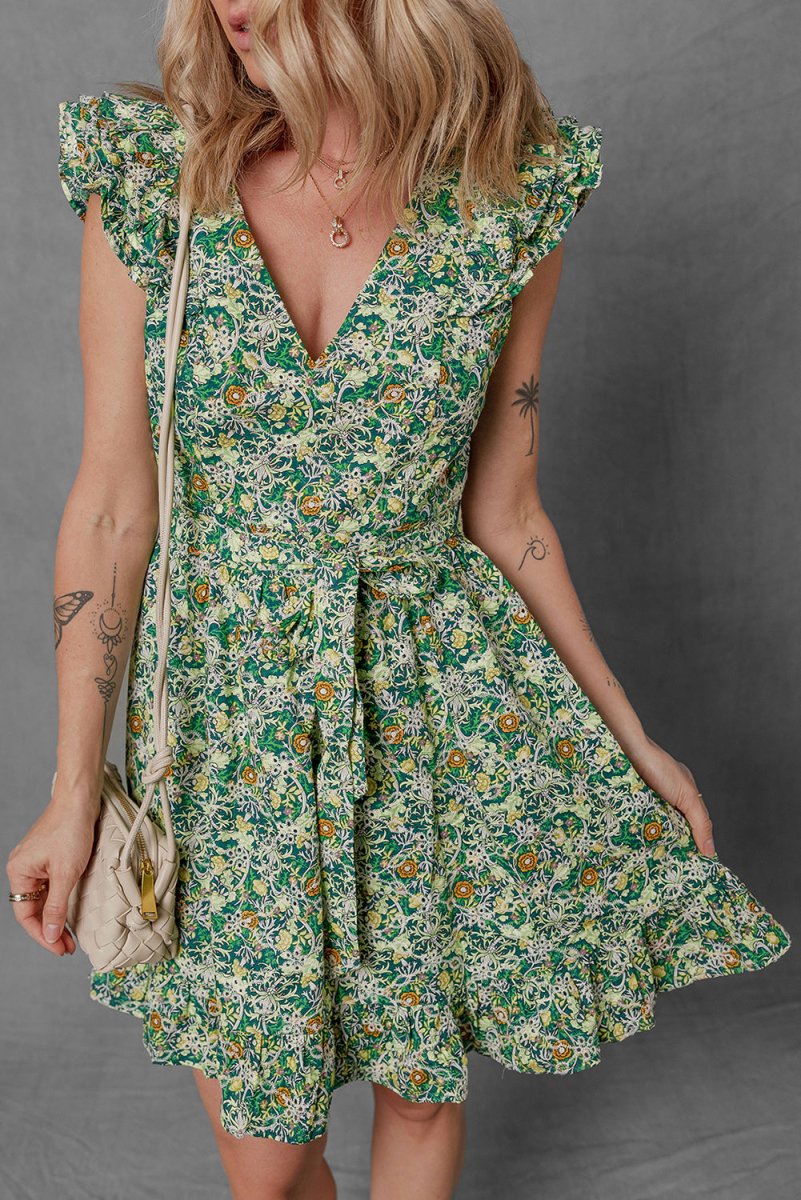 Green Flower Print Flutter Sleeve V Neck Mini Dress - Love Salve 