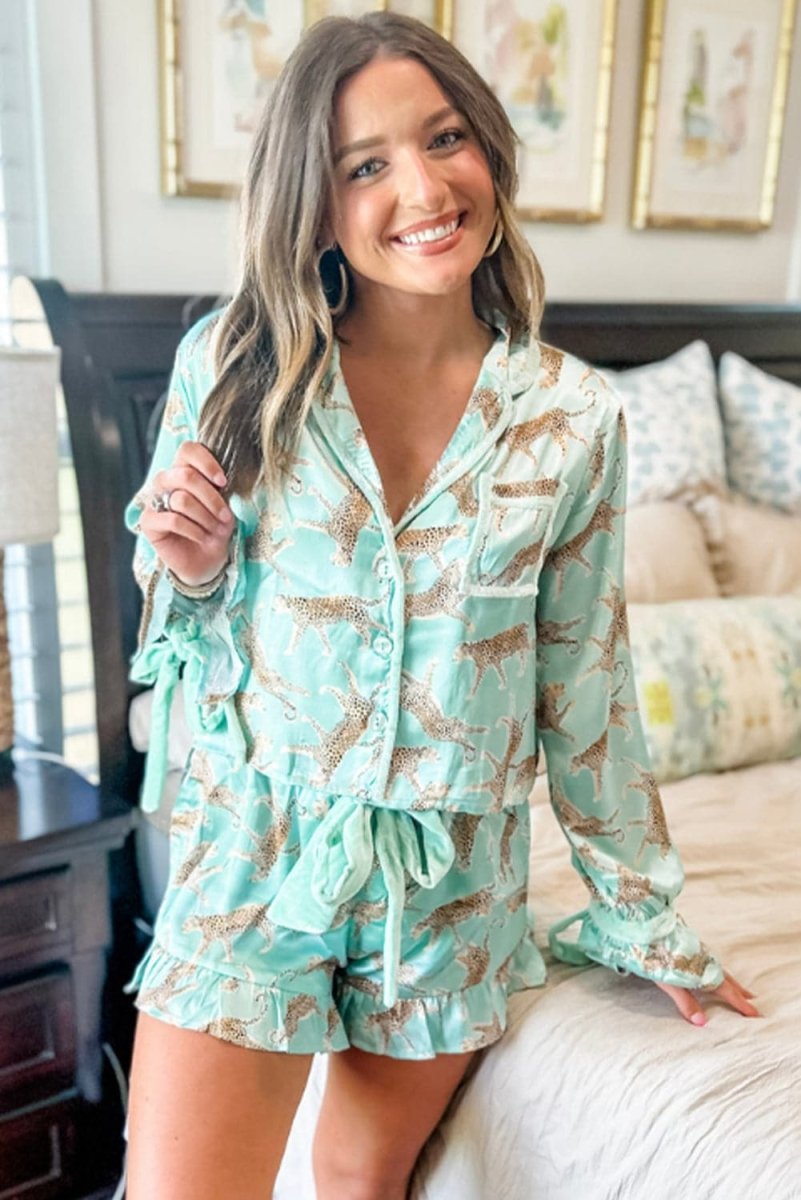 Green Leopard Satin Ruffle Pajama Short Set - Love Salve