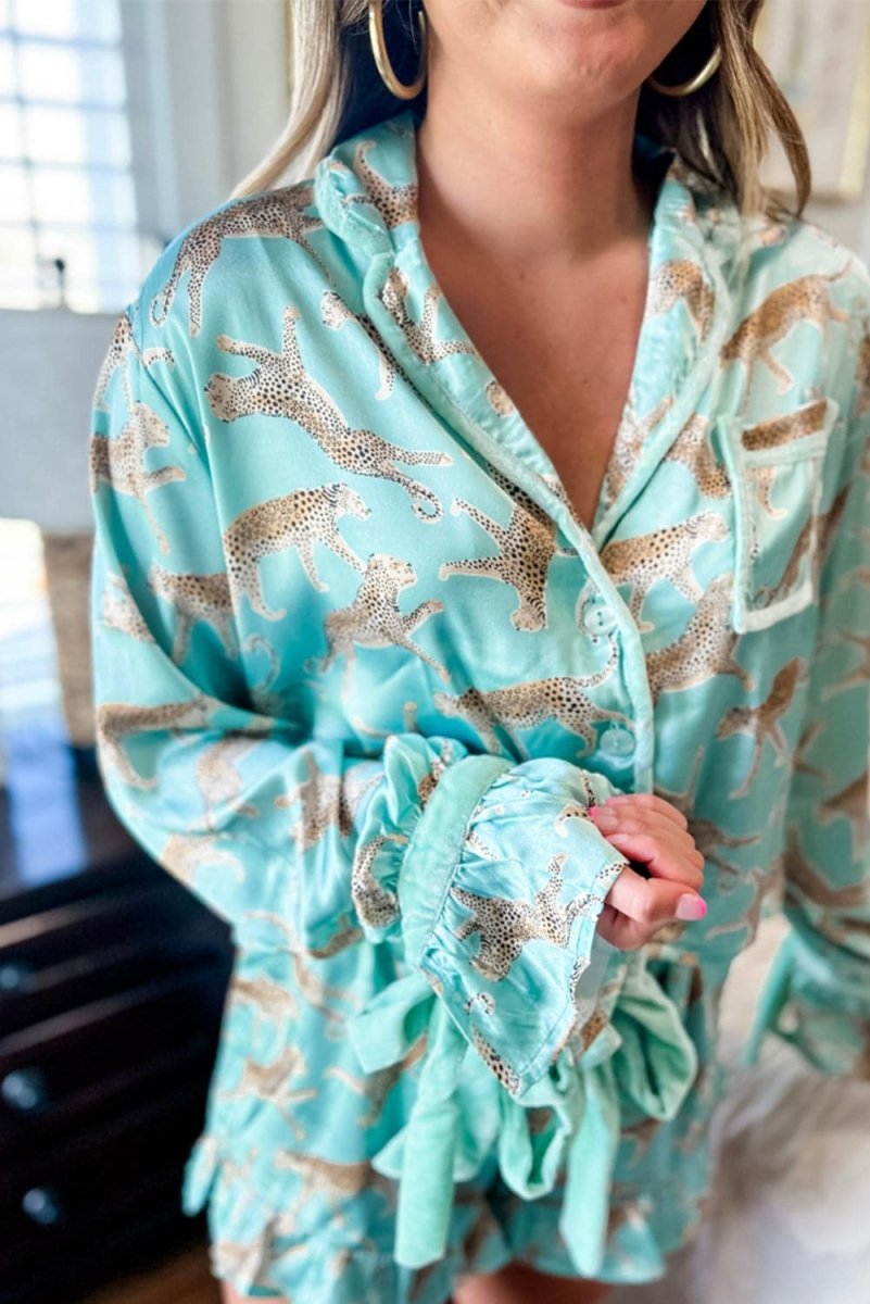 Green Leopard Satin Ruffle Pajama Short Set - Love Salve