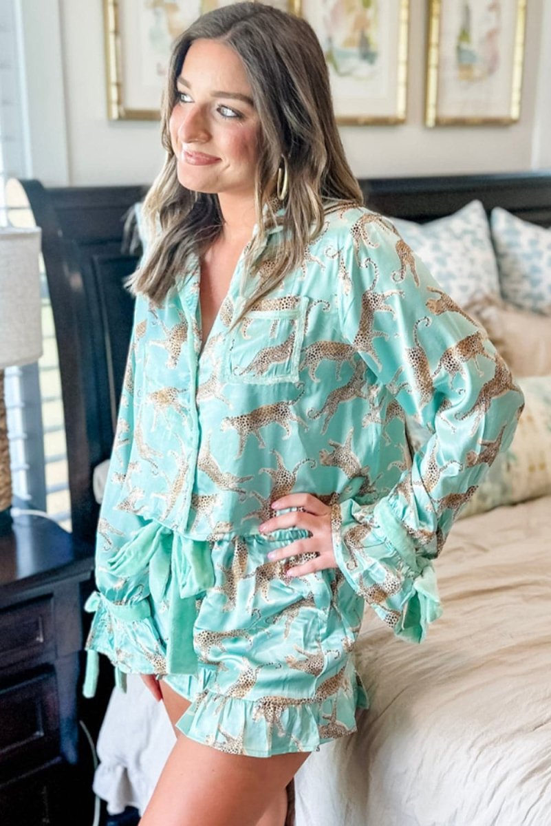 Green Leopard Satin Ruffle Pajama Short Set - Love Salve