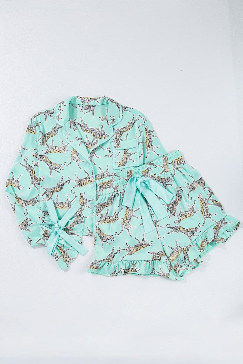 Green Leopard Satin Ruffle Pajama Short Set - Love Salve