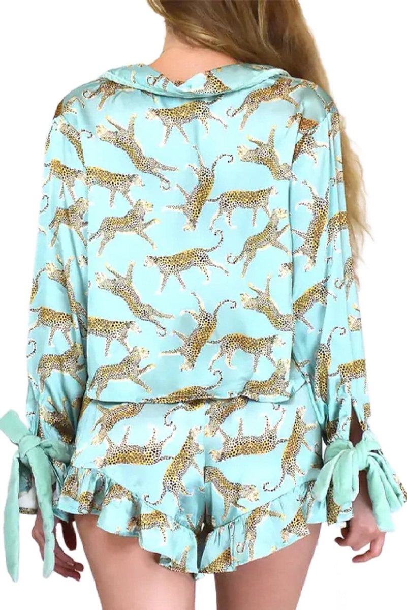 Green Leopard Satin Ruffle Pajama Short Set - Love Salve
