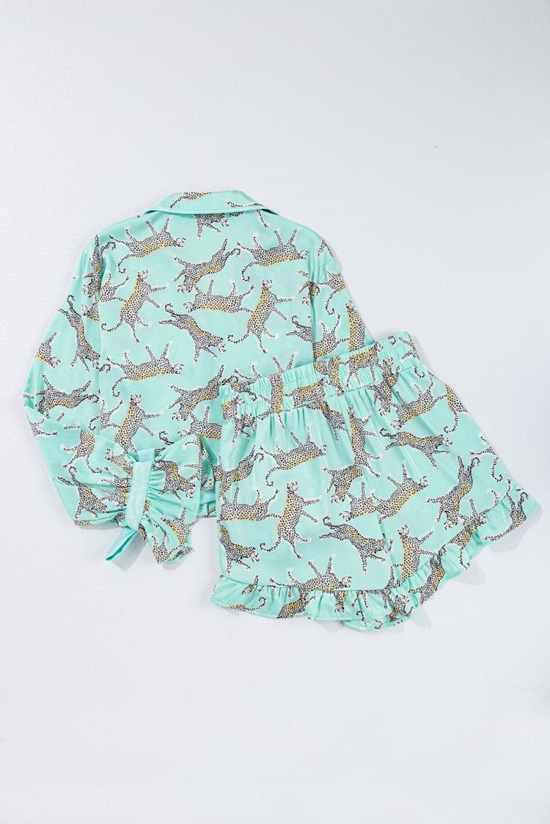 Green Leopard Satin Ruffle Pajama Short Set - Love Salve