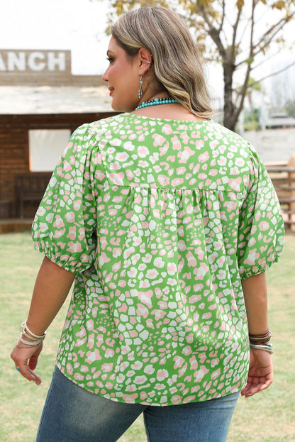 Green Plus Size Floral Tassel Tie Split Neck Puff Sleeve Blouse - Love Salve