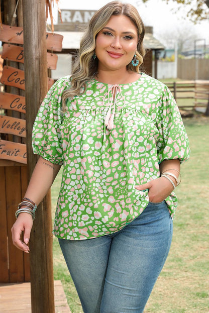 Green Plus Size Floral Tassel Tie Split Neck Puff Sleeve Blouse - Love Salve
