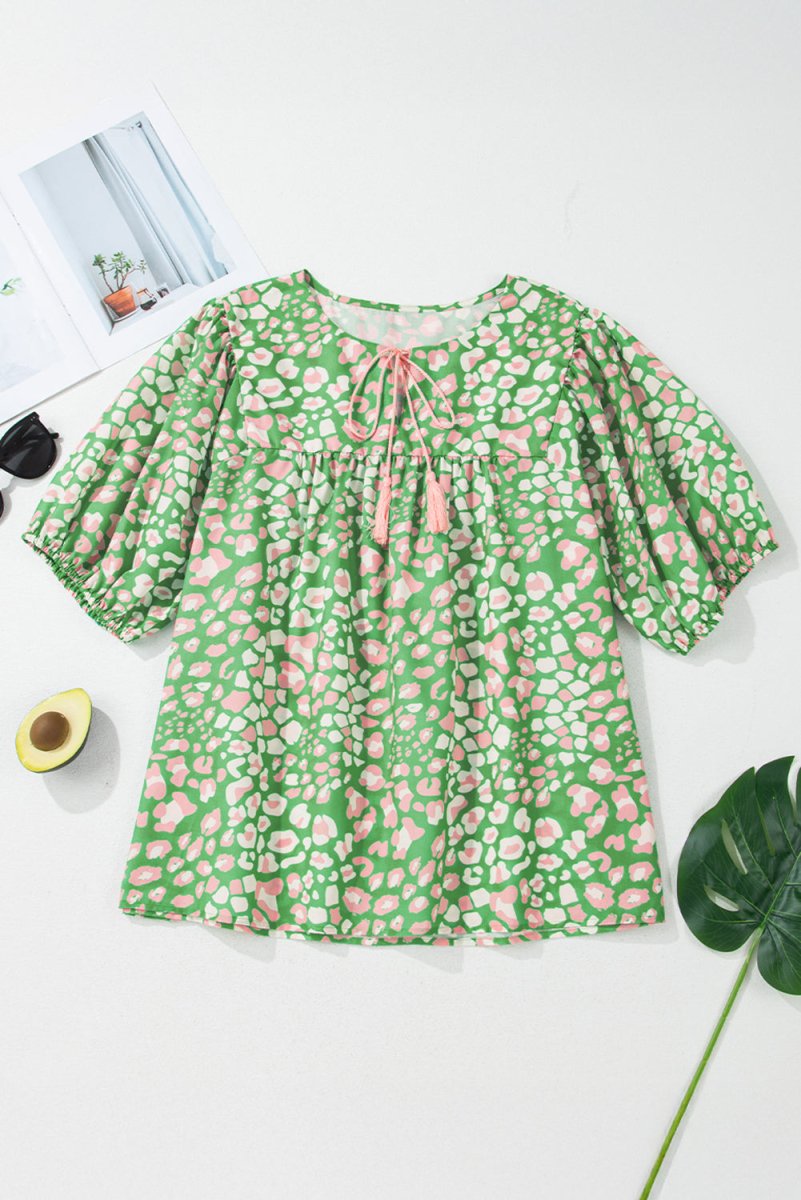 Green Plus Size Floral Tassel Tie Split Neck Puff Sleeve Blouse - Love Salve