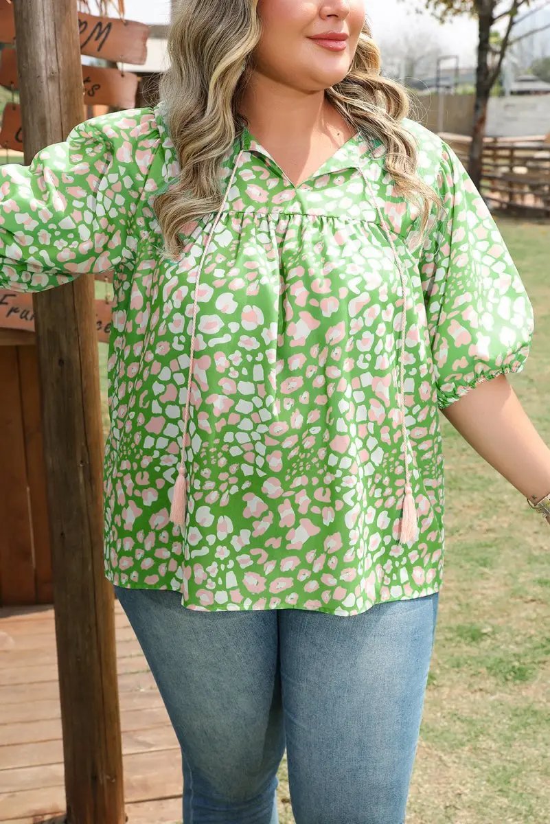 Green Plus Size Floral Tassel Tie Split Neck Puff Sleeve Blouse - Love Salve 