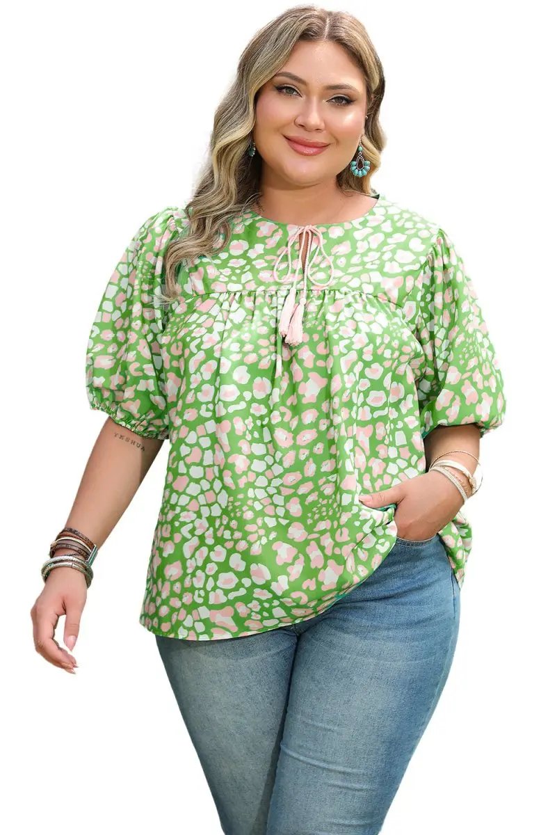 Green Plus Size Floral Tassel Tie Split Neck Puff Sleeve Blouse - Love Salve 