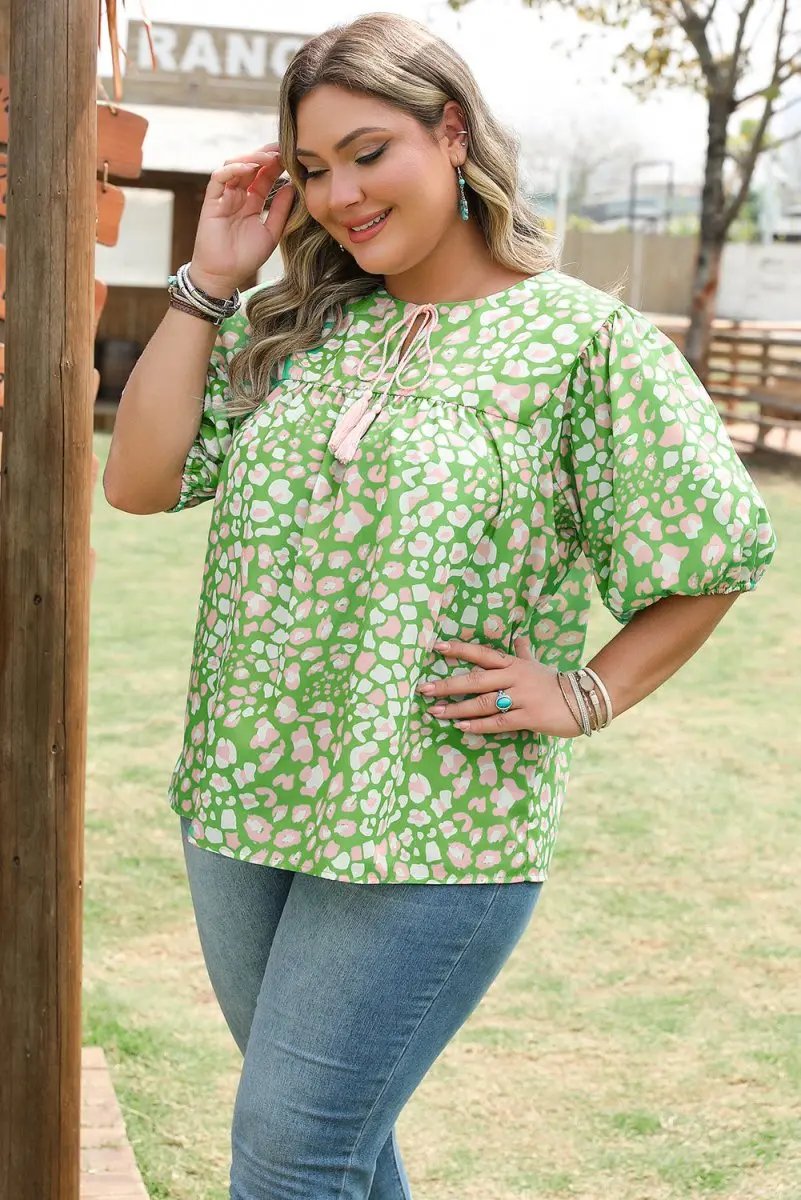 Green Plus Size Floral Tassel Tie Split Neck Puff Sleeve Blouse - Love Salve 