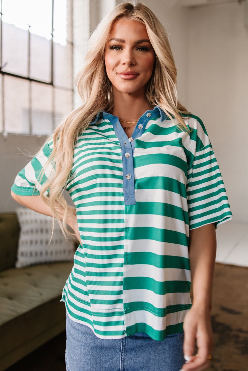 Green Stripe Colorblock Collar Half Buttons T Shirt - Love Salve 