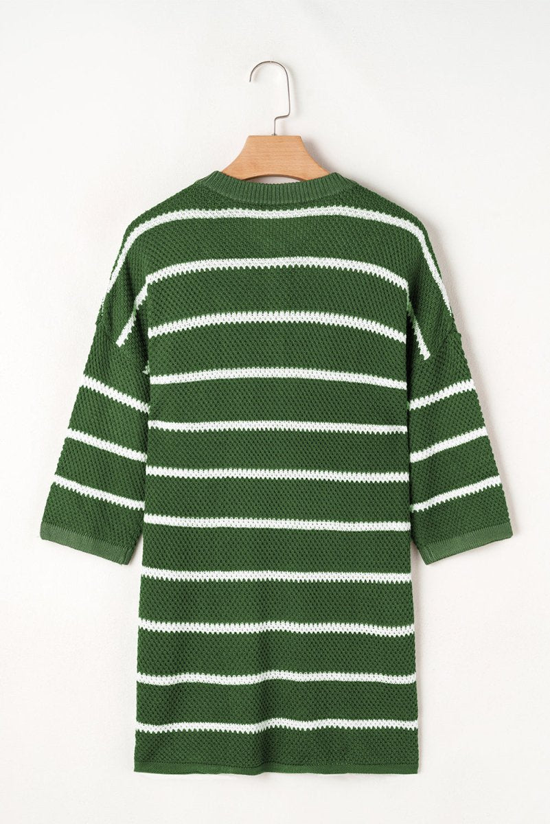 Green Stripe Henley Buttoned Placket Drop Shoulder Sweater Tee - Love Salve 