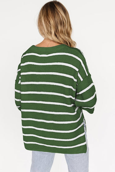 Green Stripe Henley Buttoned Placket Drop Shoulder Sweater Tee - Love Salve