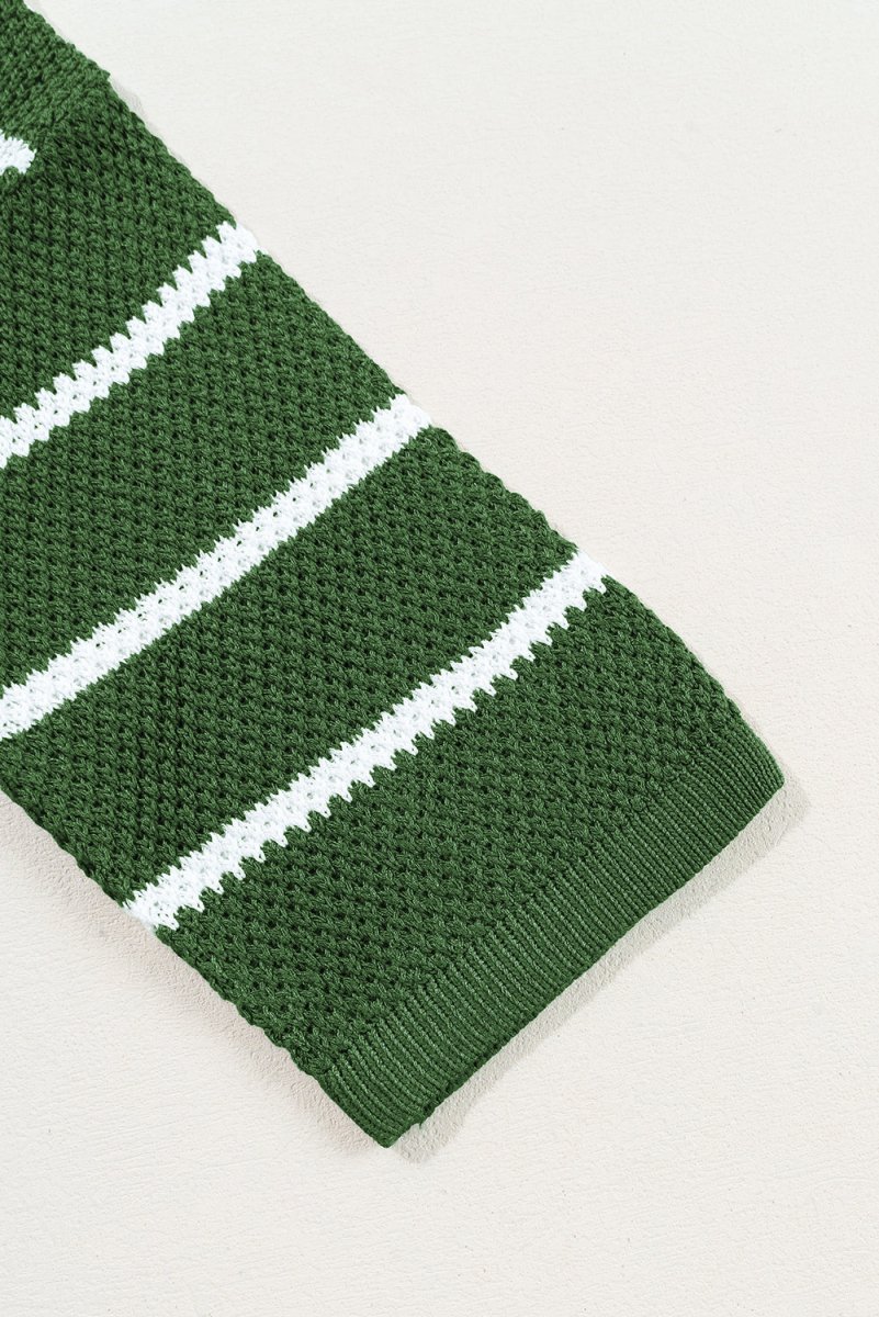 Green Stripe Henley Buttoned Placket Drop Shoulder Sweater Tee - Love Salve 