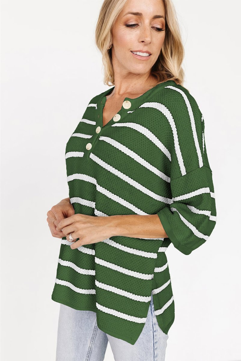 Green Stripe Henley Buttoned Placket Drop Shoulder Sweater Tee - Love Salve 