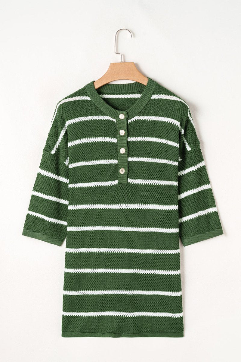 Green Stripe Henley Buttoned Placket Drop Shoulder Sweater Tee - Love Salve 