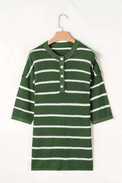 Green Stripe Henley Buttoned Placket Drop Shoulder Sweater Tee - Love Salve 