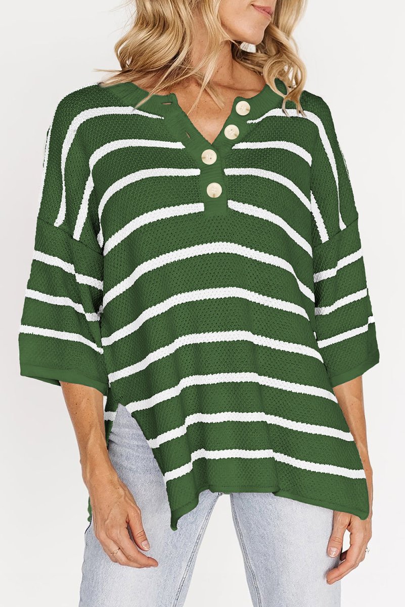 Green Stripe Henley Buttoned Placket Drop Shoulder Sweater Tee - Love Salve