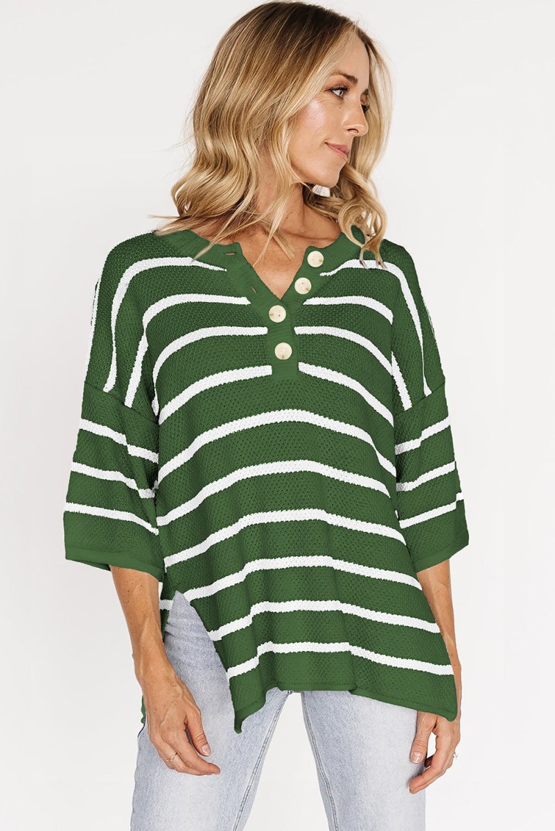 Green Stripe Henley Buttoned Placket Drop Shoulder Sweater Tee - Love Salve 