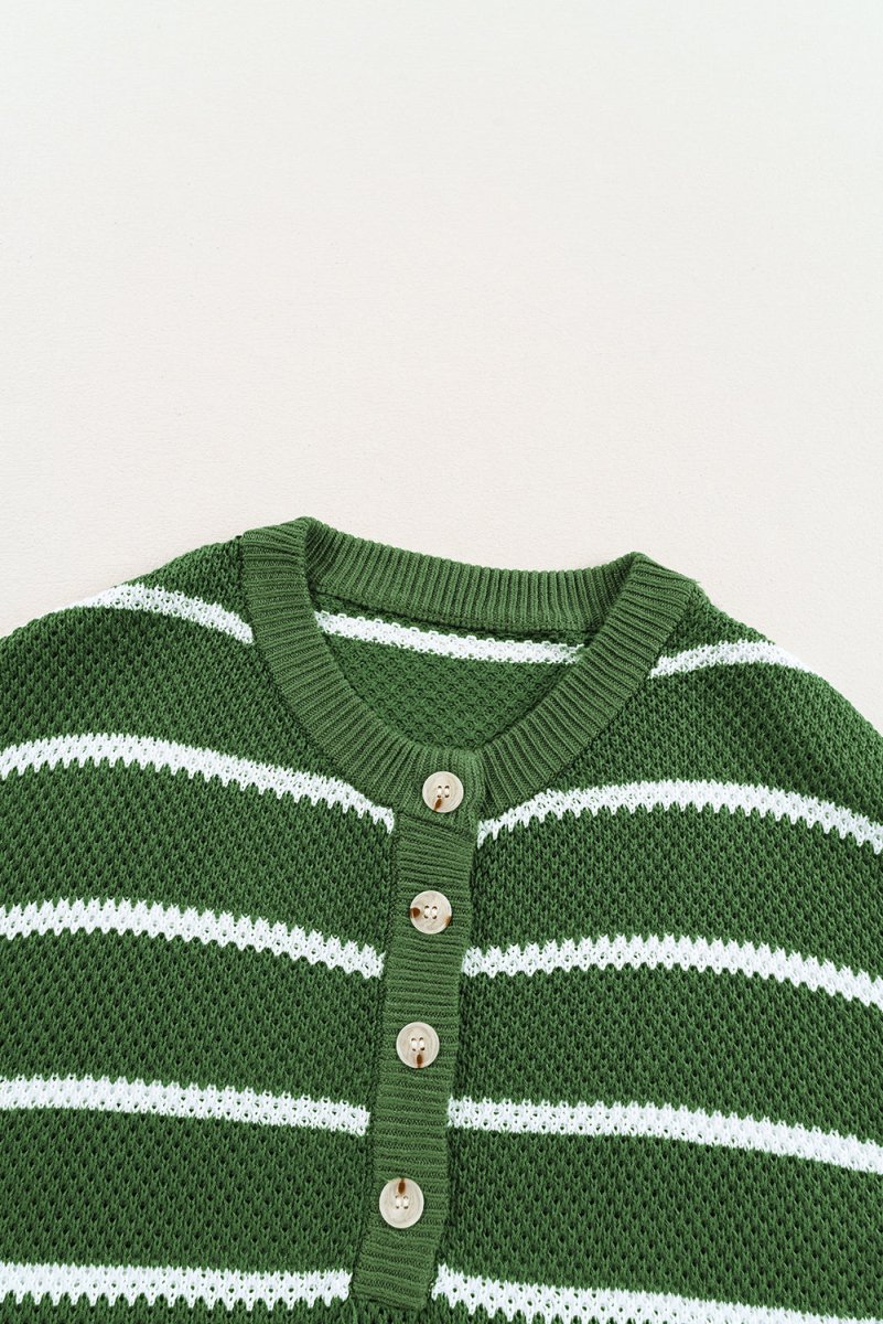 Green Stripe Henley Buttoned Placket Drop Shoulder Sweater Tee - Love Salve 