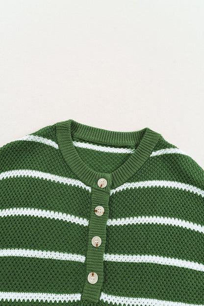 Green Stripe Henley Buttoned Placket Drop Shoulder Sweater Tee - Love Salve 