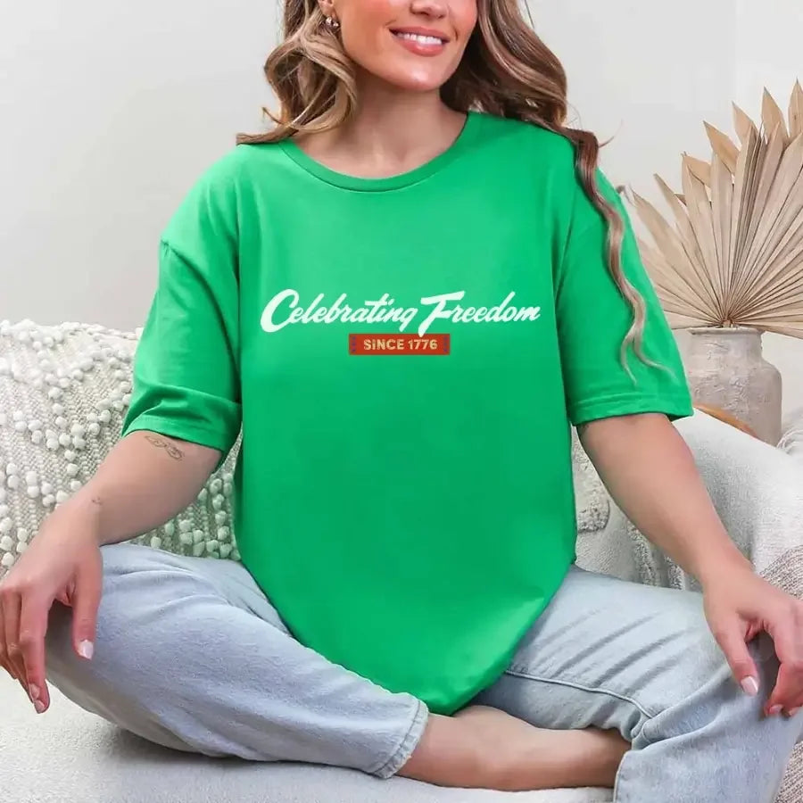 Side profile of the Adorb.co "Celebrating Freedom" patriotic tee, worn casually for holiday celebrations.