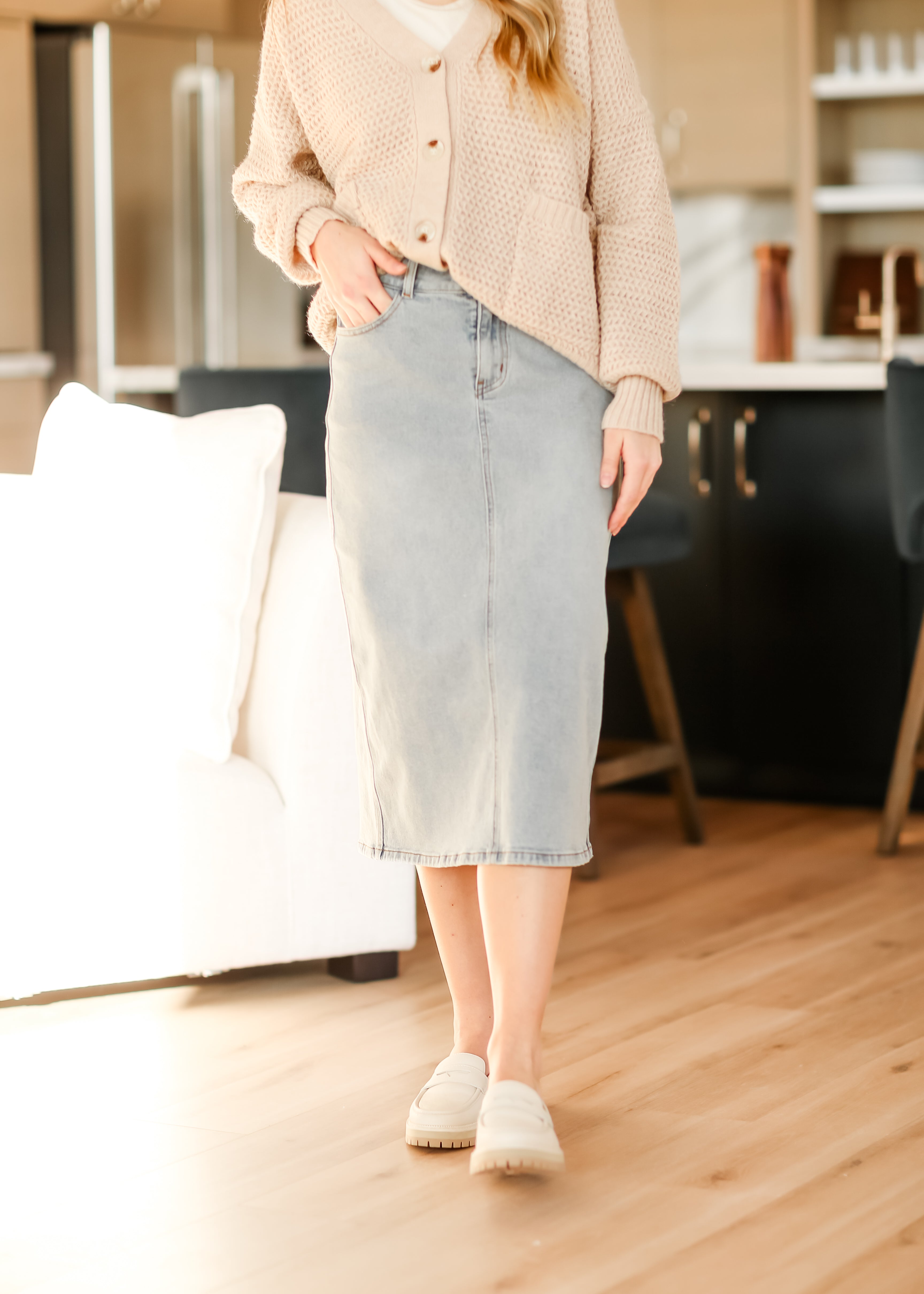 Greta Light Wash Midi Denim Skirt Inherit Co.