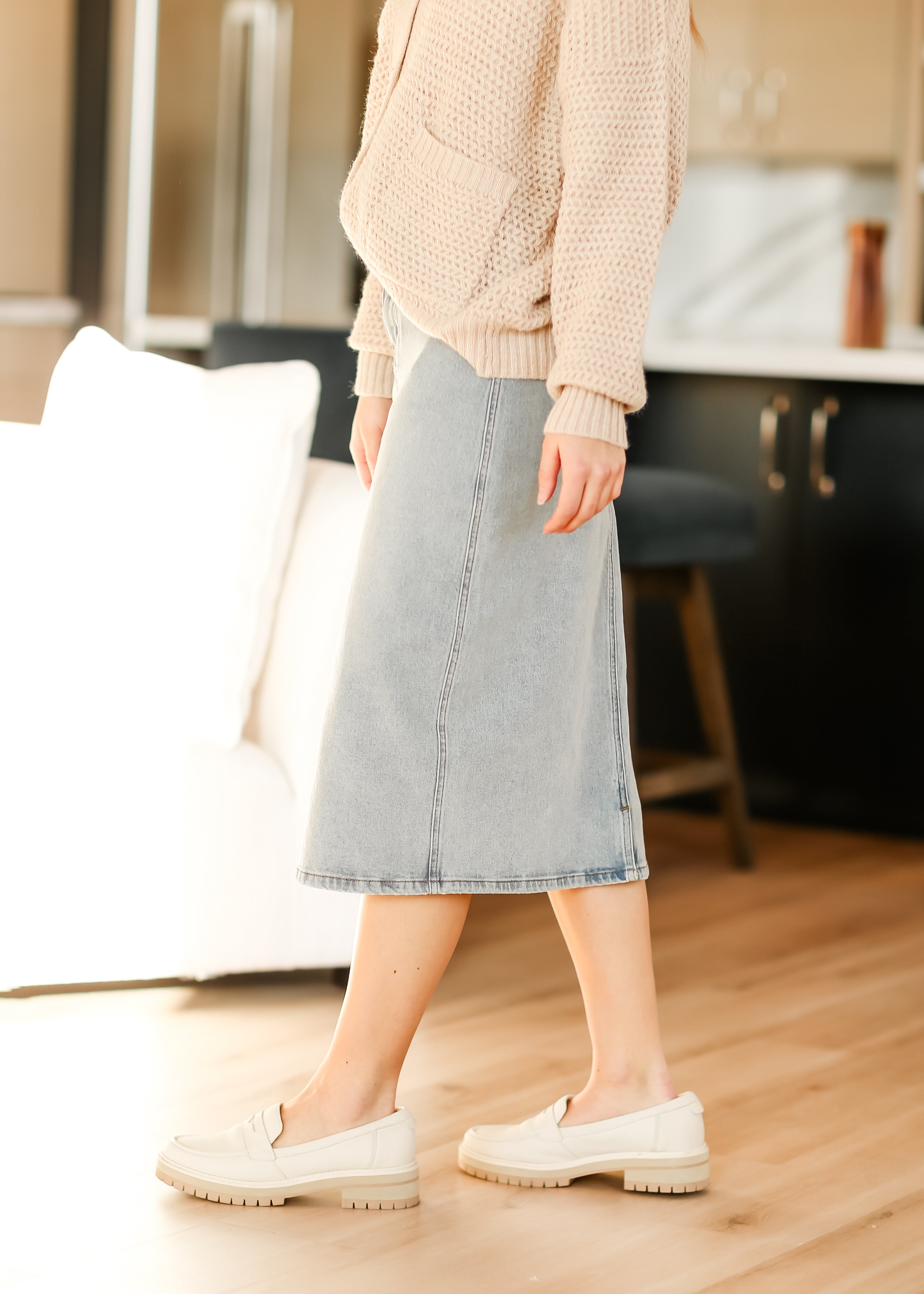 Greta Light Wash Midi Denim Skirt Inherit Co.