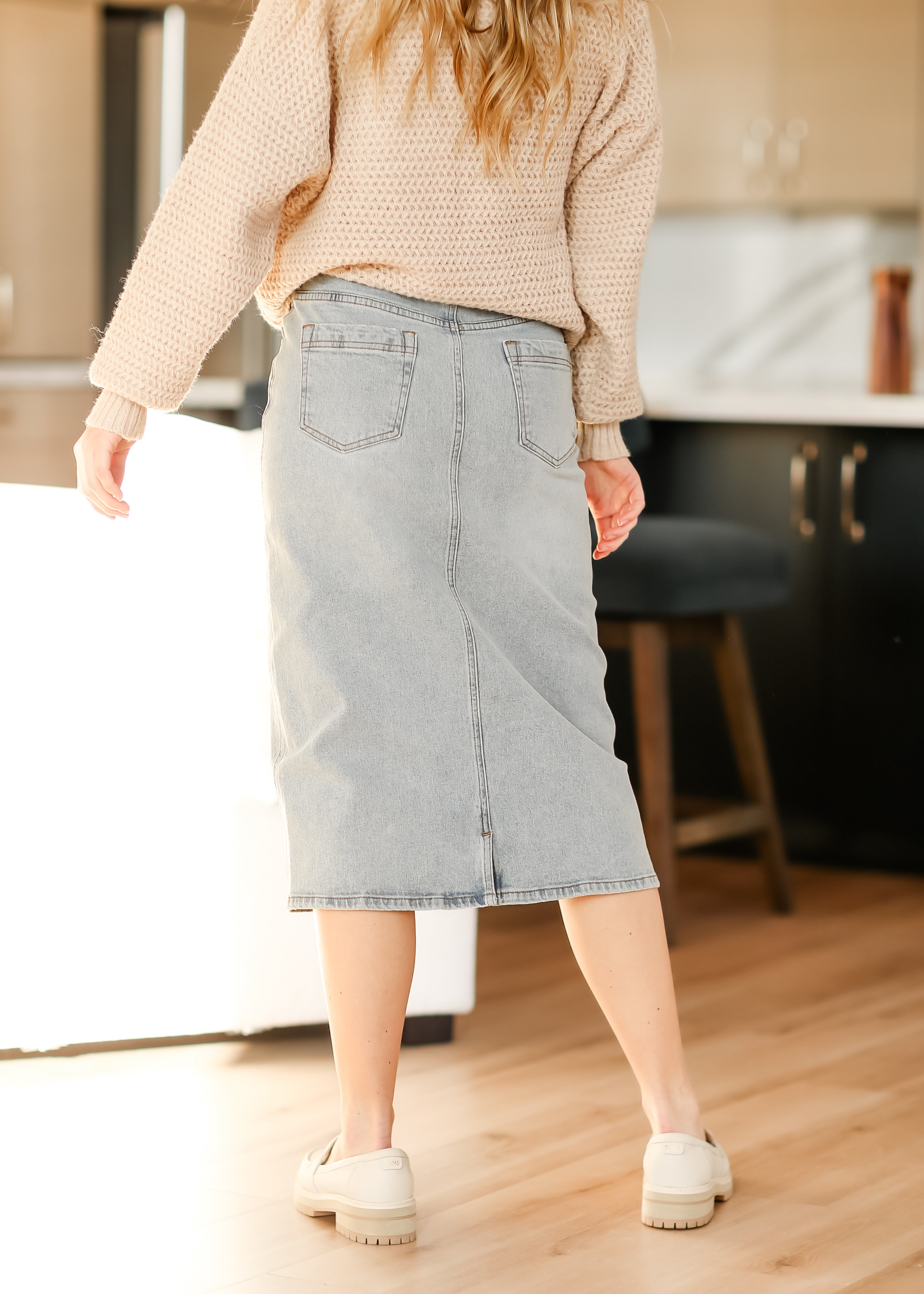 Greta Light Wash Midi Denim Skirt Inherit Co.