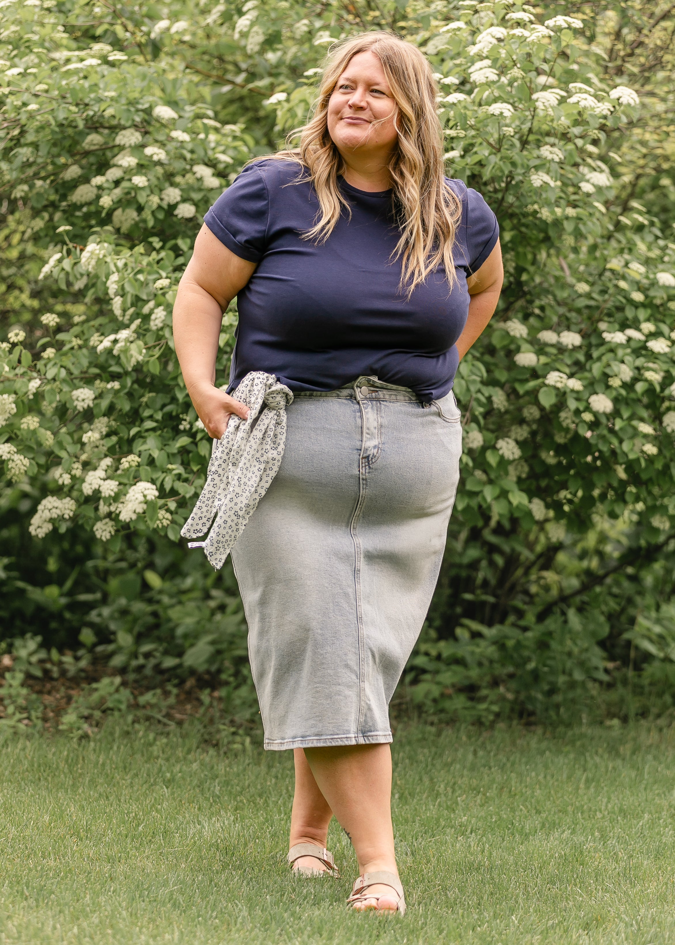 Greta Light Wash Midi Denim Skirt Inherit Co.