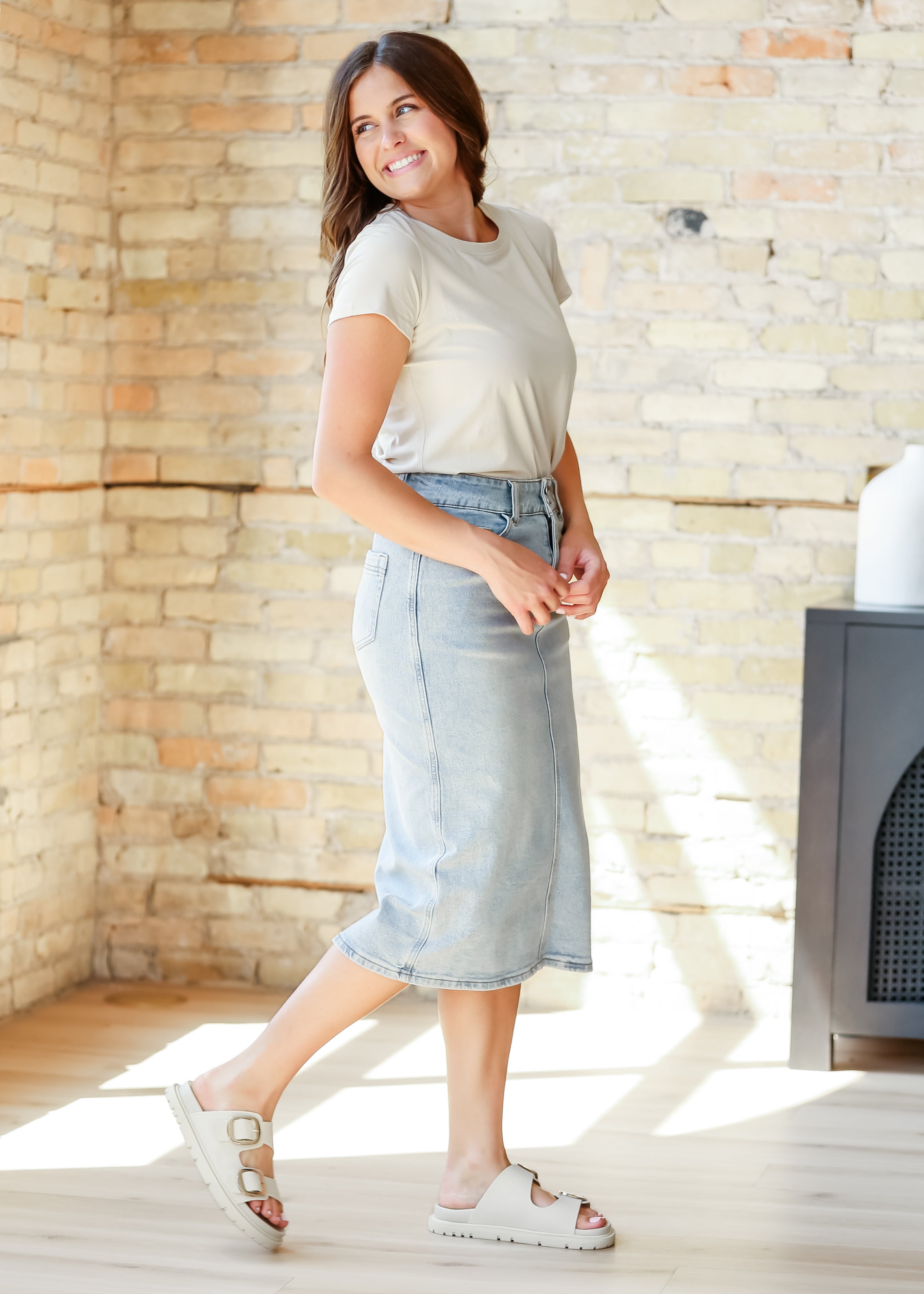 Greta Light Wash Midi Denim Skirt Inherit Co.