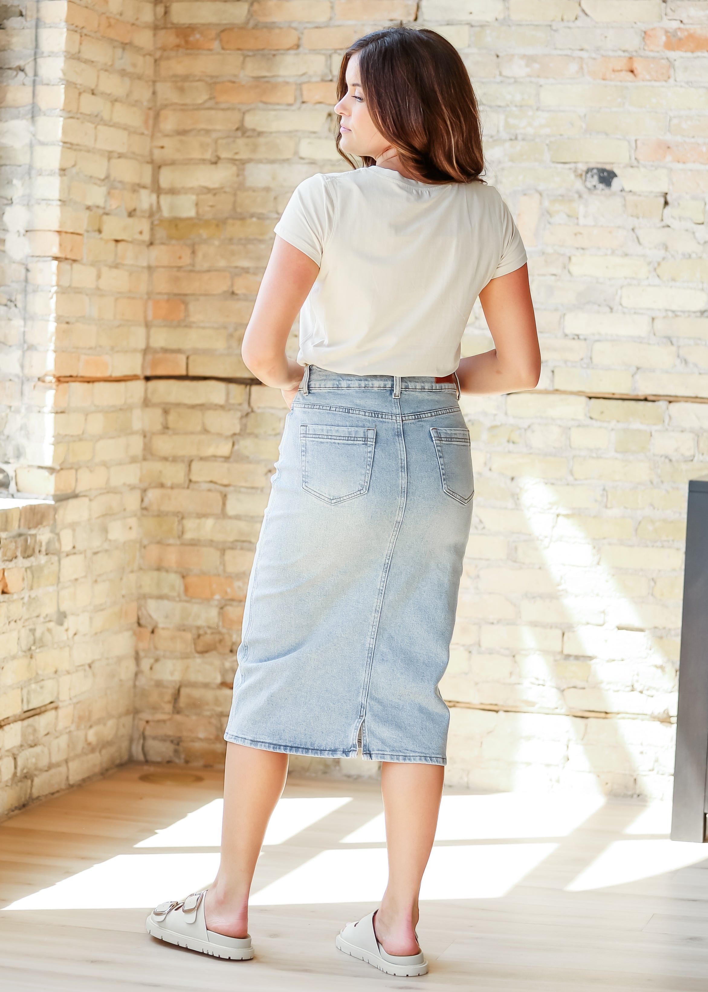 Greta Light Wash Midi Denim Skirt Inherit Co.