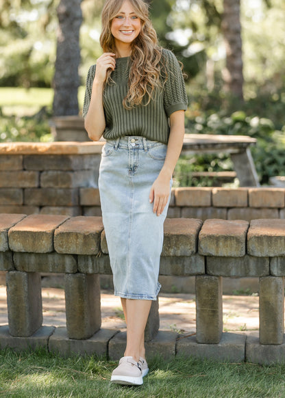 Greta Light Wash Midi Denim Skirt