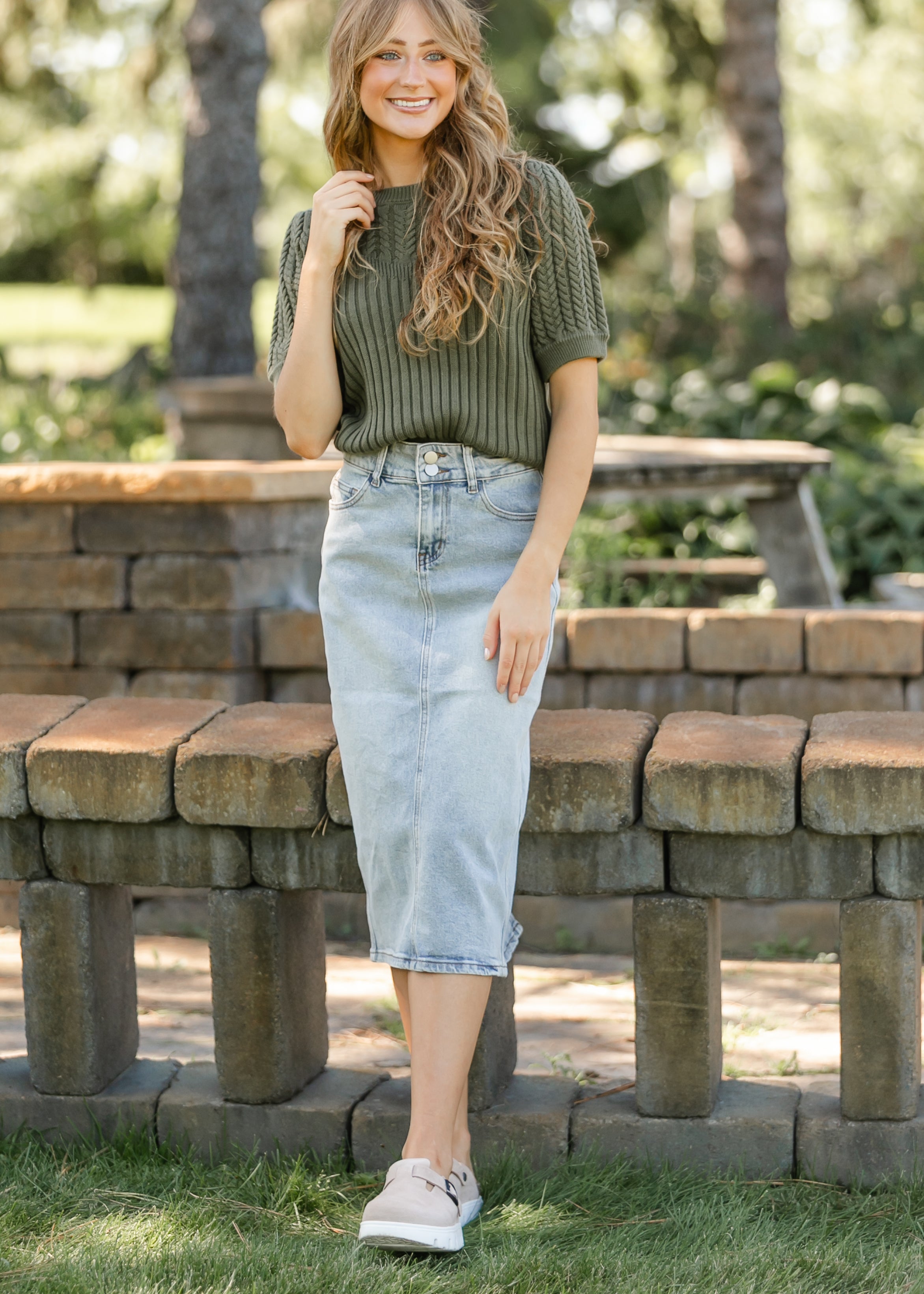 Greta Light Wash Midi Denim Skirt Inherit Co.