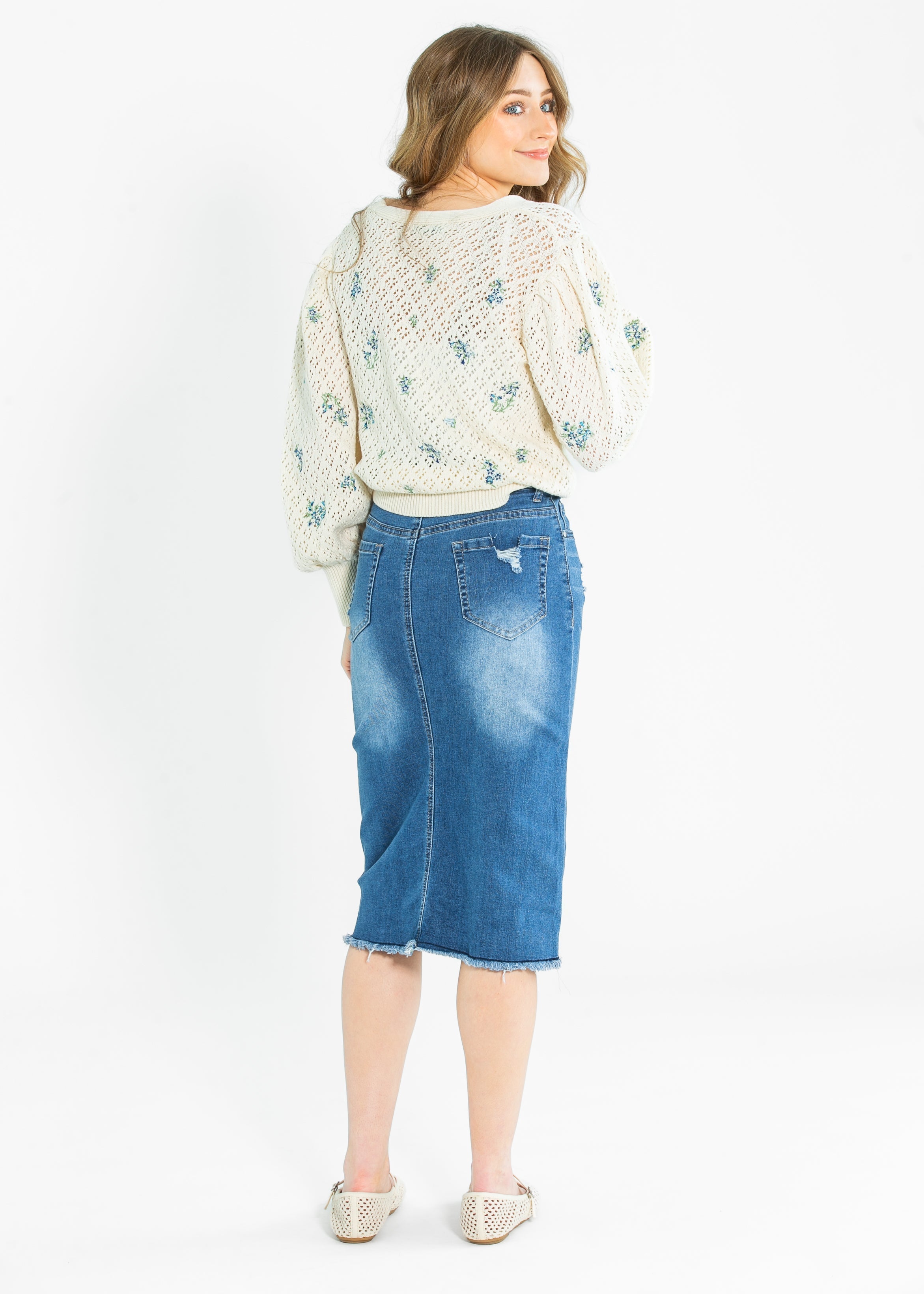 Hadley High Rise Denim Midi Skirt Inherit Co.