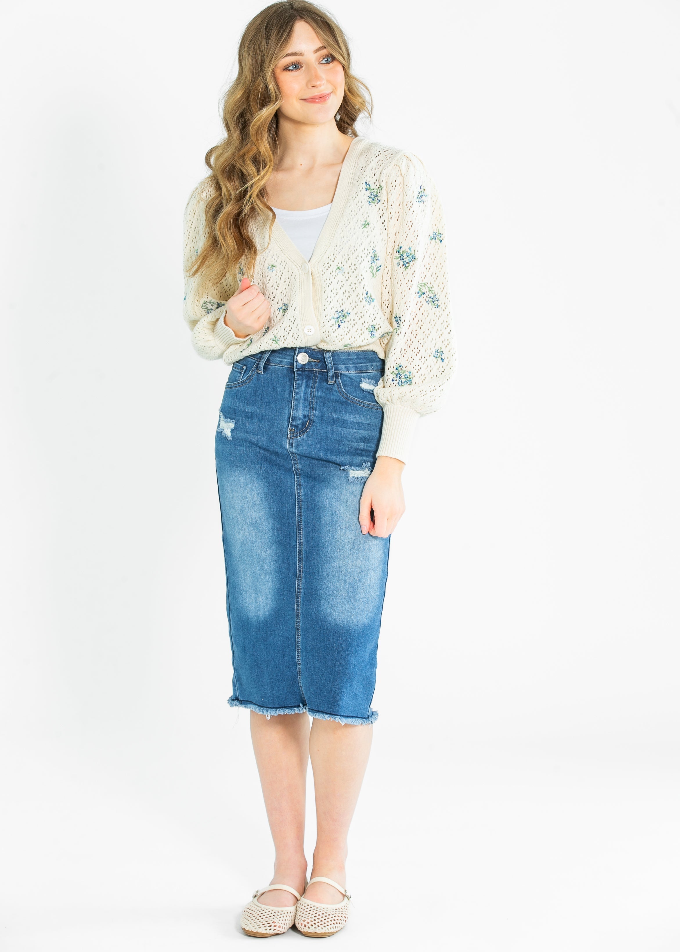 Hadley High Rise Denim Midi Skirt Inherit Co.