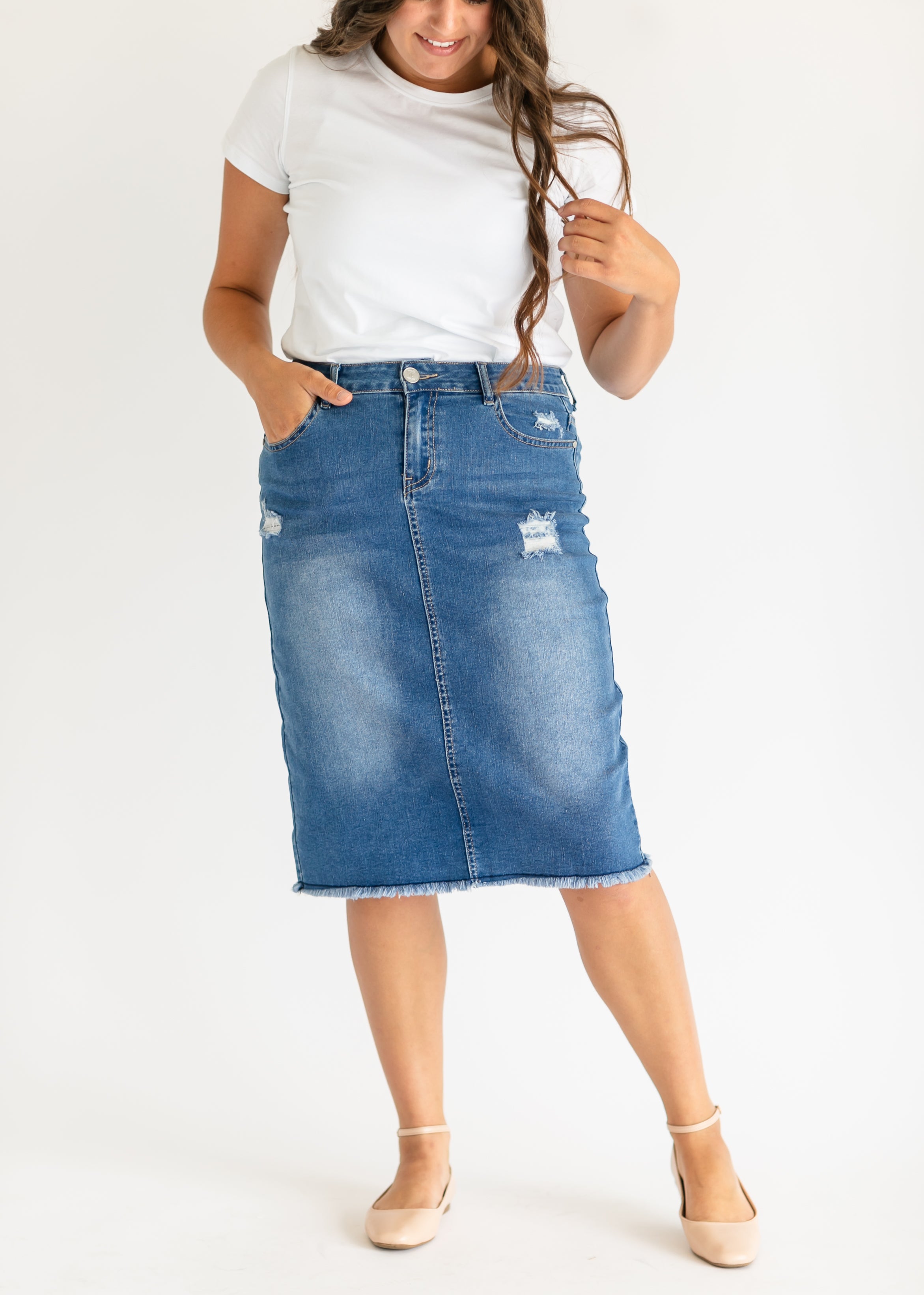 Hadley High Rise Denim Midi Skirt Inherit Co.