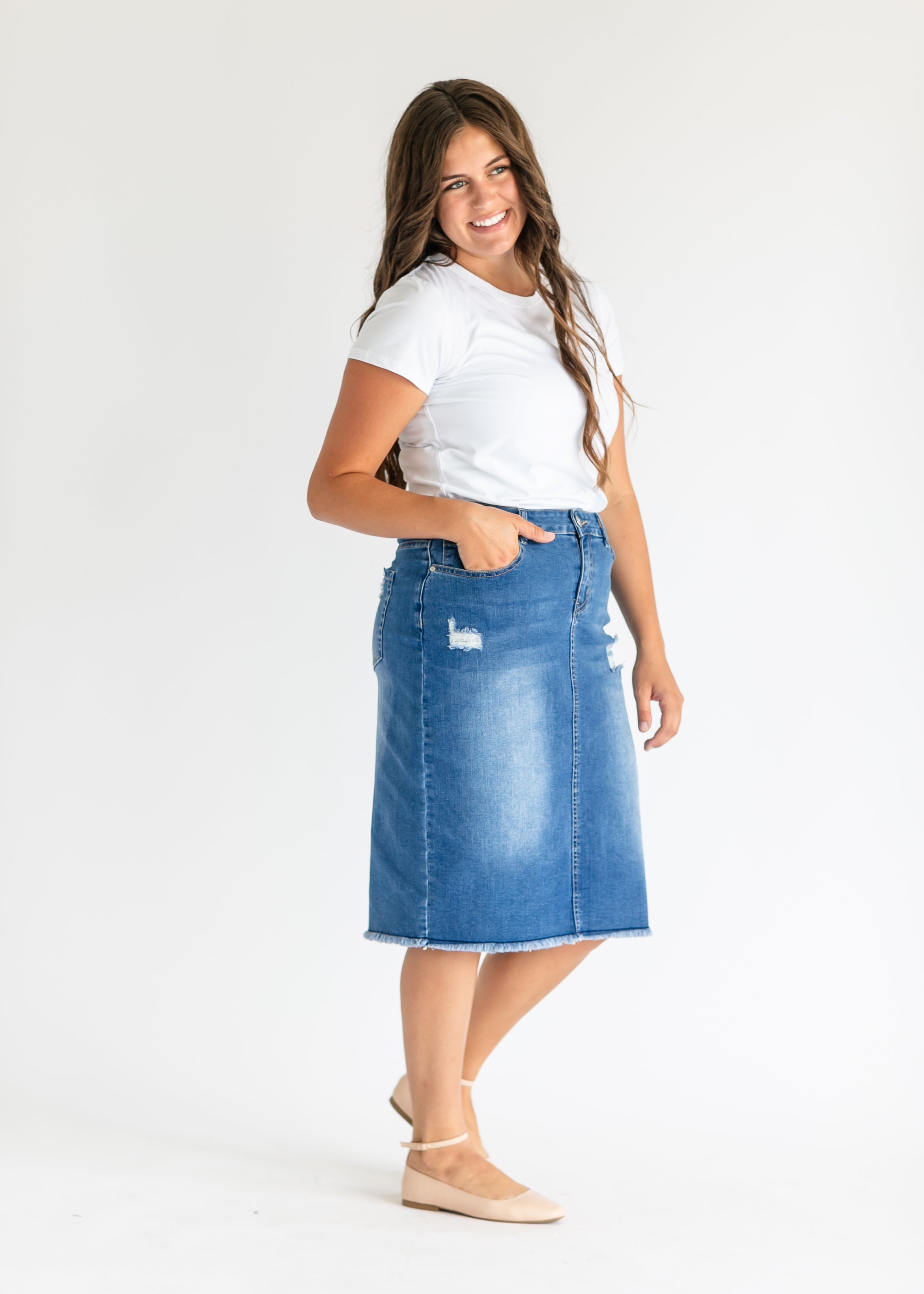 Hadley High Rise Denim Midi Skirt Inherit Co.