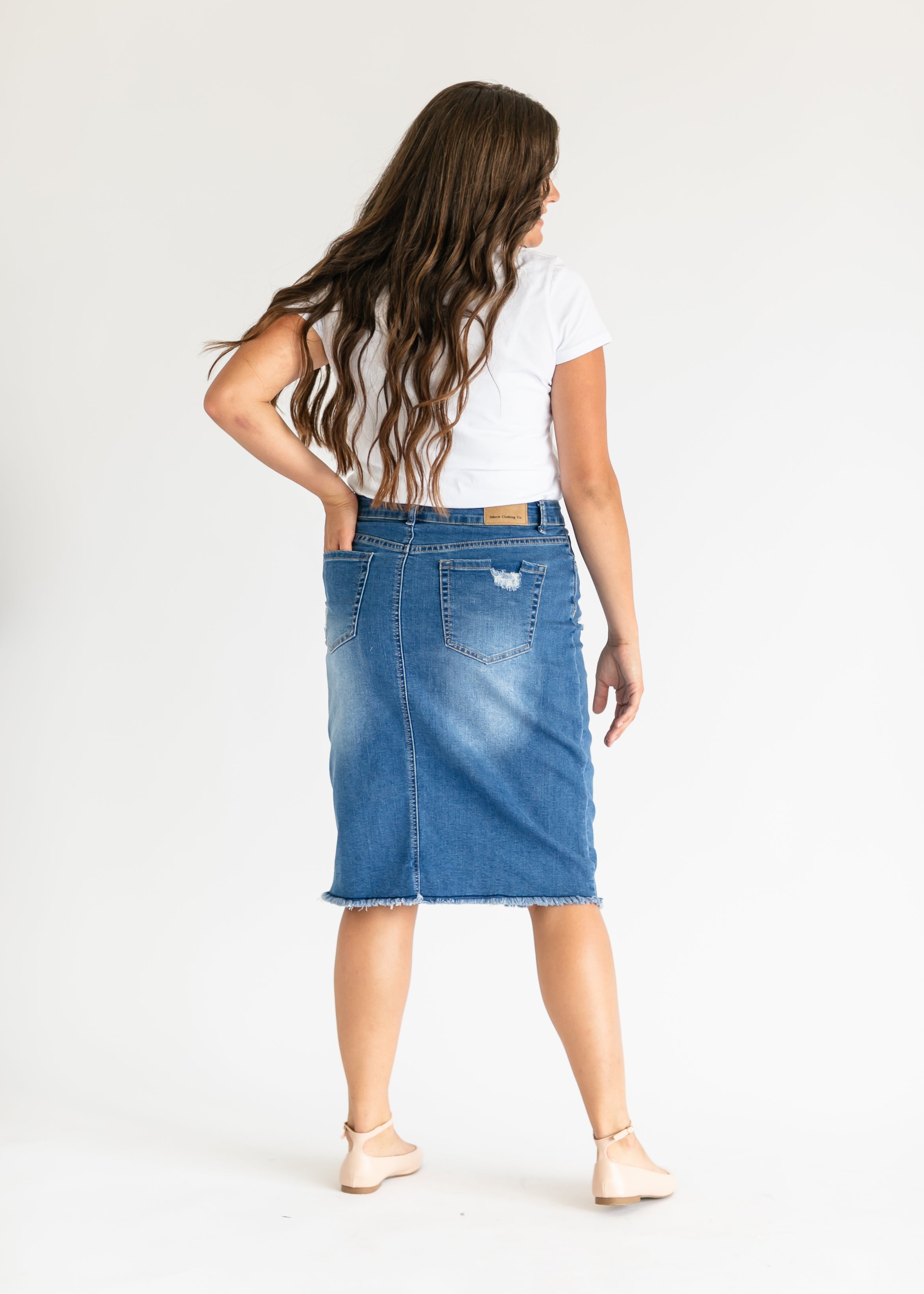 Hadley High Rise Denim Midi Skirt Inherit Co.