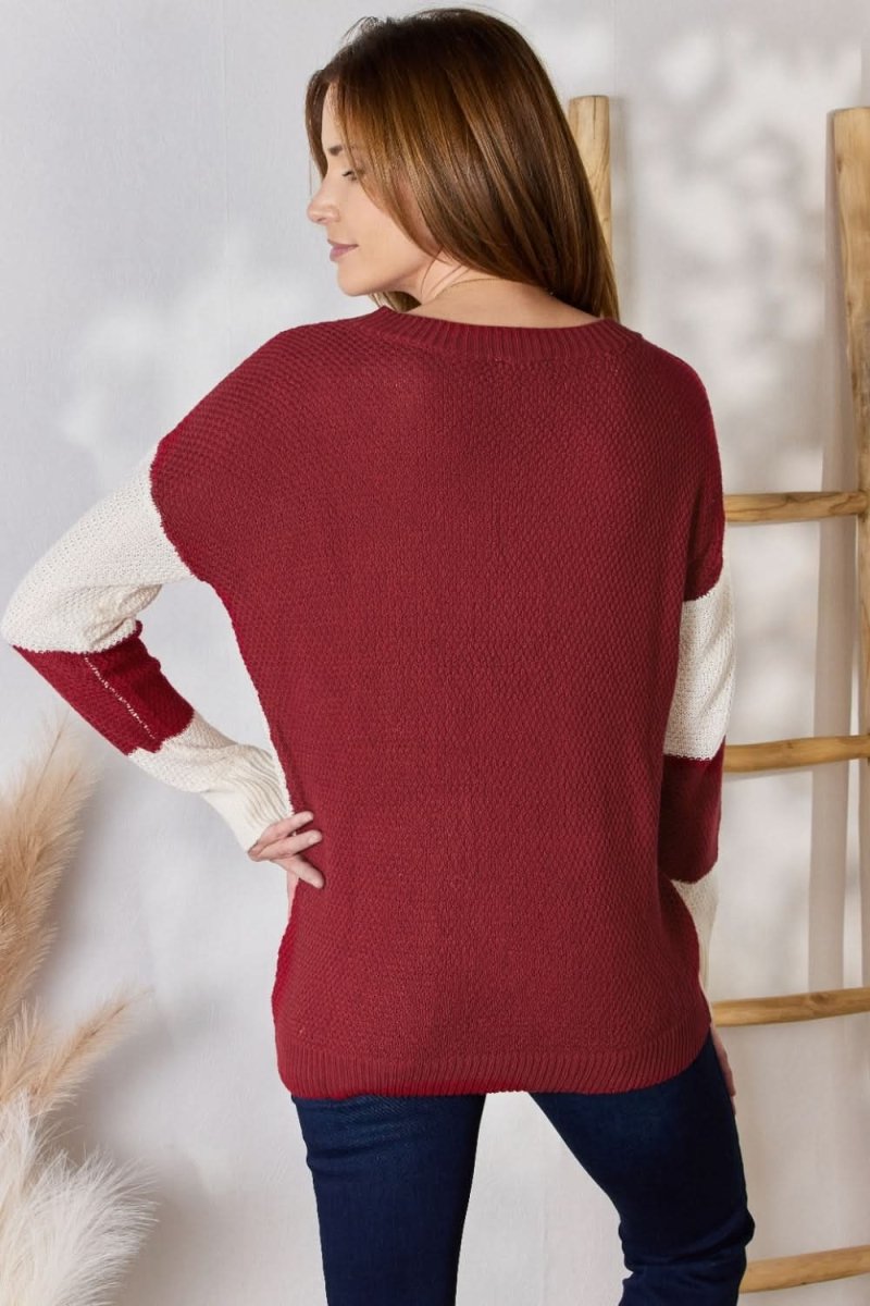 Hailey & Co Full Size Color Block Dropped Shoulder Knit Top - Love Salve 