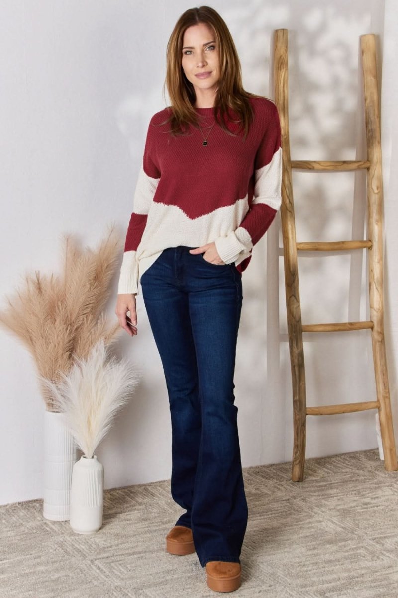 Hailey & Co Full Size Color Block Dropped Shoulder Knit Top - Love Salve 